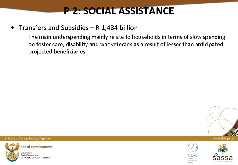 P 2: SOCIAL ASSISTANCE • Transfers and Subsidies – R 1, 484 billion –