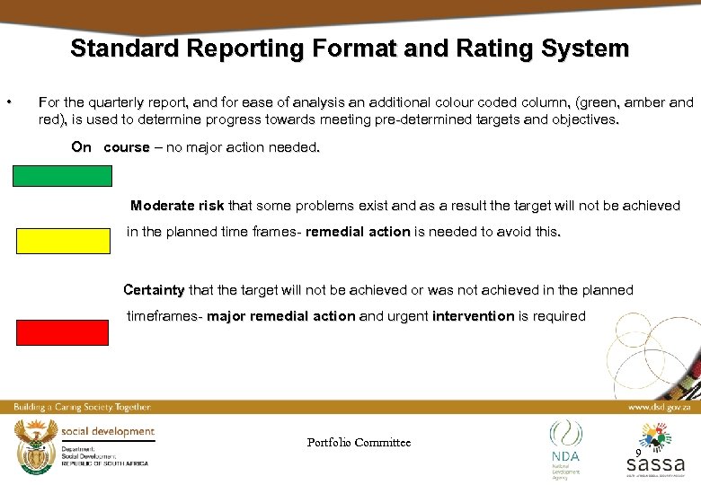 Standard Reporting Format and Rating System • For the quarterly report, and for ease