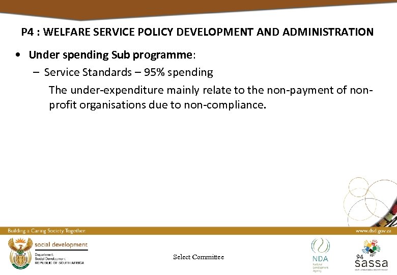 P 4 : WELFARE SERVICE POLICY DEVELOPMENT AND ADMINISTRATION • Under spending Sub programme: