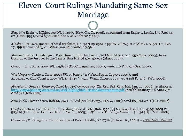 Eleven Court Rulings Mandating Same-Sex Marriage Hawaii: ; Baehr v. Miicke, 196 WL 694235