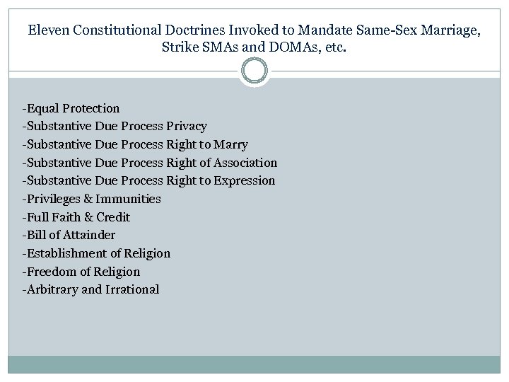 Eleven Constitutional Doctrines Invoked to Mandate Same-Sex Marriage, Strike SMAs and DOMAs, etc. -Equal