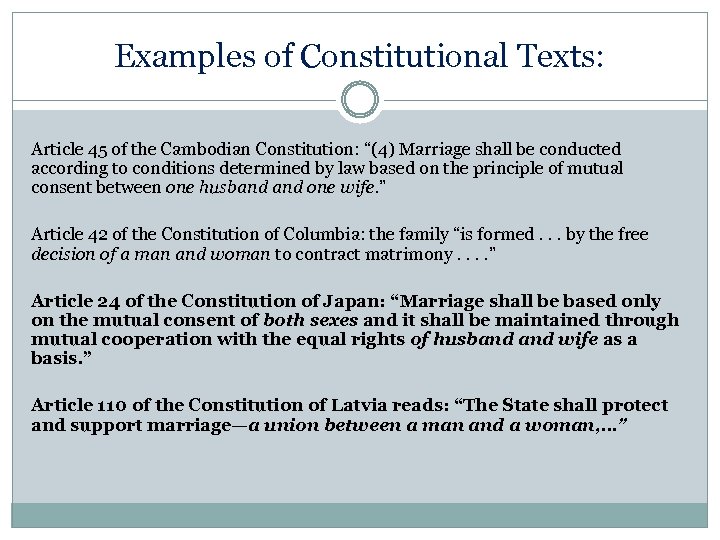 Examples of Constitutional Texts: Article 45 of the Cambodian Constitution: “(4) Marriage shall be