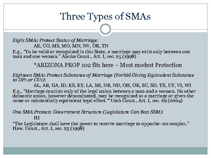 Three Types of SMAs Eight SMAs Protect Status of Marriage: AK, CO, MS, MO,