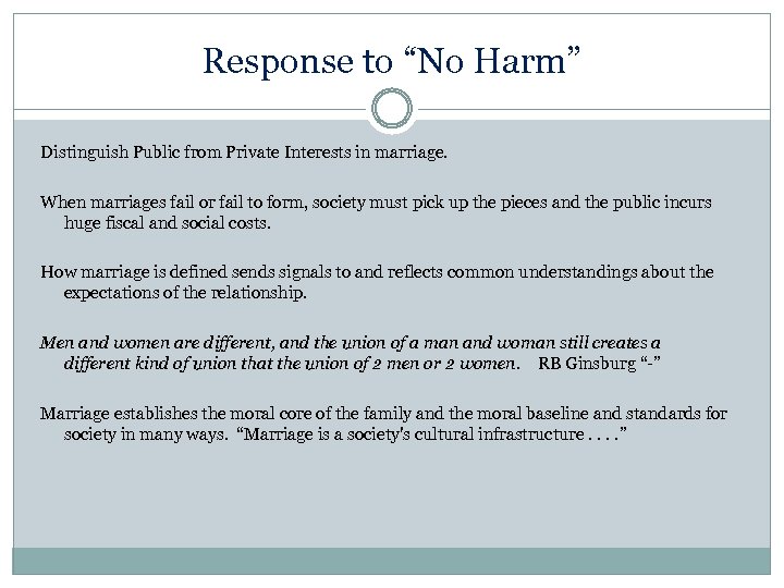 Response to “No Harm” Distinguish Public from Private Interests in marriage. When marriages fail