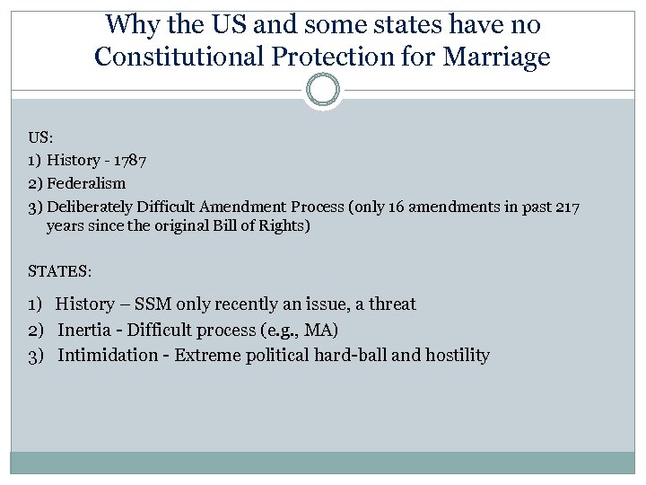 Why the US and some states have no Constitutional Protection for Marriage US: 1)