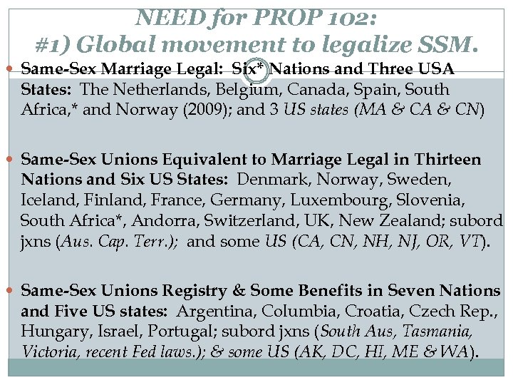 NEED for PROP 102: #1) Global movement to legalize SSM. Same-Sex Marriage Legal: Six*