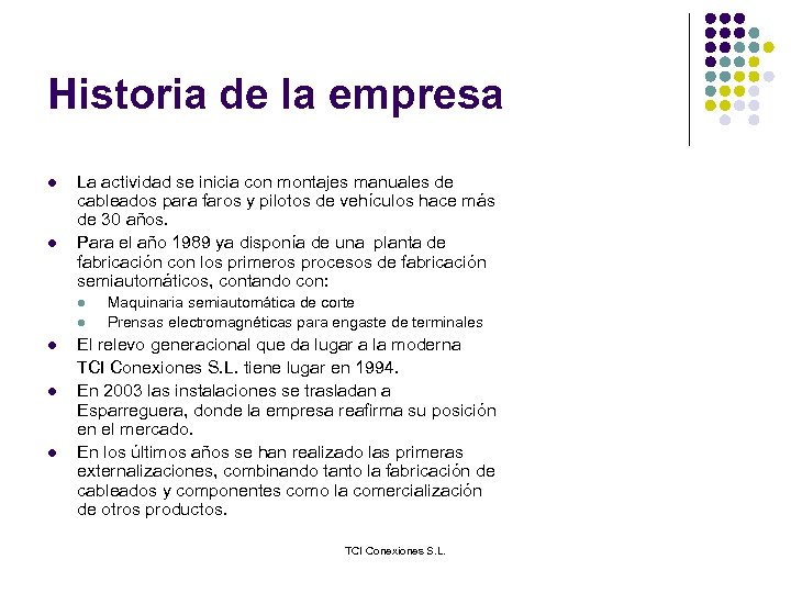 Historia de la empresa l l La actividad se inicia con montajes manuales de