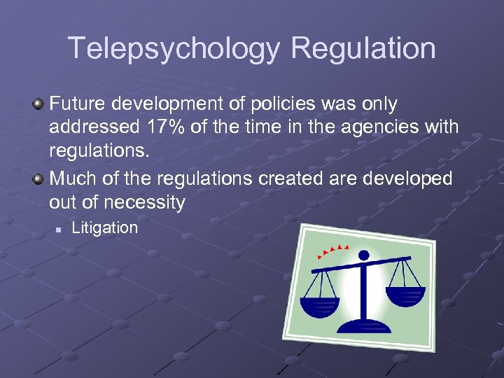 Telepsychology Regulation Future development of policies was only addressed 17% of the time in