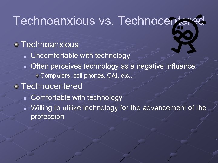 Technoanxious vs. Technocentered Technoanxious n n Uncomfortable with technology Often perceives technology as a