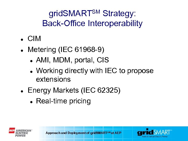 grid. SMARTSM Strategy: Back-Office Interoperability CIM Metering (IEC 61968 -9) AMI, MDM, portal, CIS