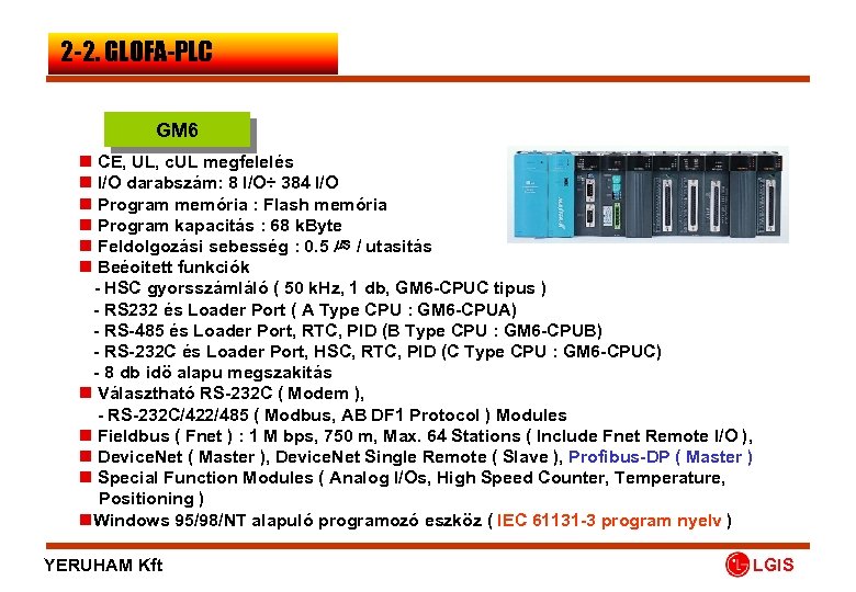 2 -2. GLOFA-PLC GM 6 n CE, UL, c. UL megfelelés n I/O darabszám: