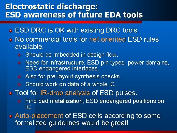 Electrostatic discharge: ESD awareness of future EDA tools ESD DRC is OK with existing