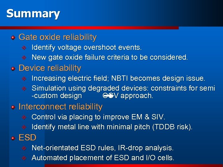 Summary Gate oxide reliability v v Identify voltage overshoot events. New gate oxide failure