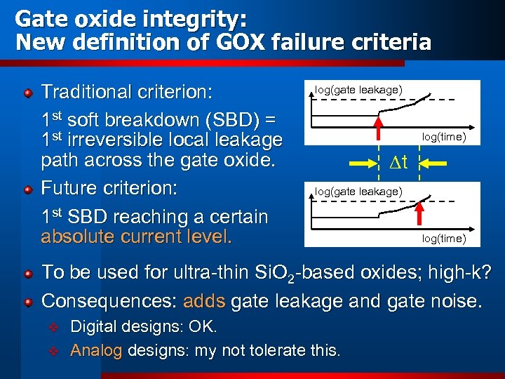 Gate oxide integrity: New definition of GOX failure criteria Traditional criterion: 1 st soft