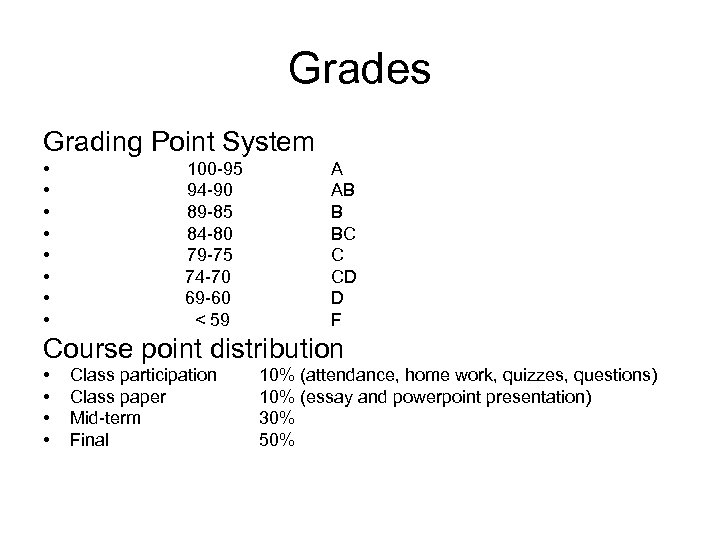 Grades Grading Point System • • 100 -95 94 -90 89 -85 84 -80