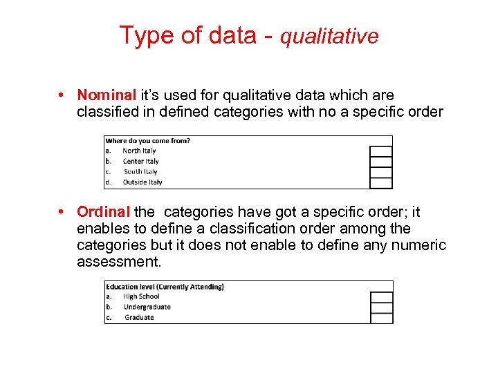 Type of data - qualitative • Nominal it’s used for qualitative data which are