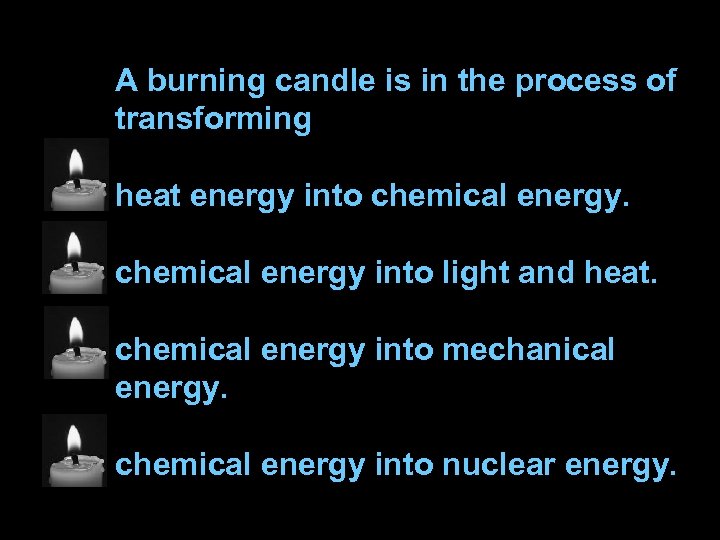 A burning candle is in the process of transforming heat energy into chemical energy