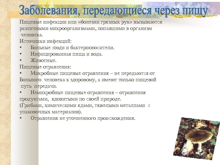 Пищевые инфекции или «болезни грязных рук» вызываются различными микроорганизмами, попавшими в организм человека. Источники