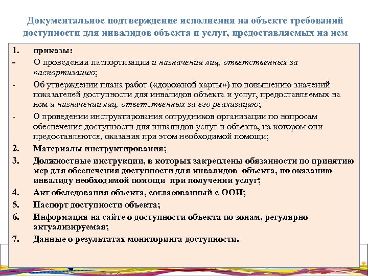 Документальное подтверждение исполнения на объекте требований доступности для инвалидов объекта и услуг, предоставляемых на
