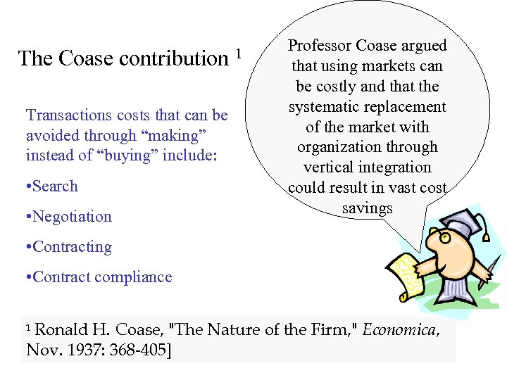 The Coase contribution Transactions costs that can be avoided through “making” instead of “buying”