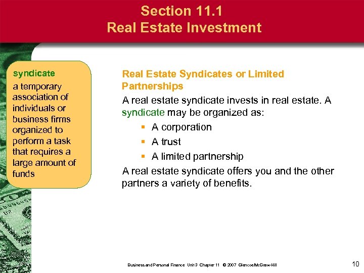 Section 11. 1 Real Estate Investment syndicate a temporary association of individuals or business