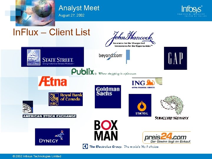 Analyst Meet August 27, 2002 In. Flux – Client List © 2002 Infosys Technologies