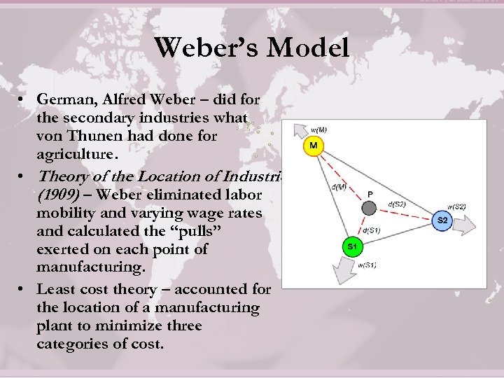 Weber’s Model • German, Alfred Weber – did for the secondary industries what von