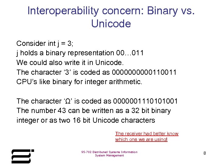 Interoperability concern: Binary vs. Unicode Consider int j = 3; j holds a binary