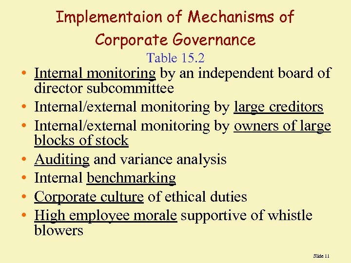 Implementaion of Mechanisms of Corporate Governance Table 15. 2 • Internal monitoring by an
