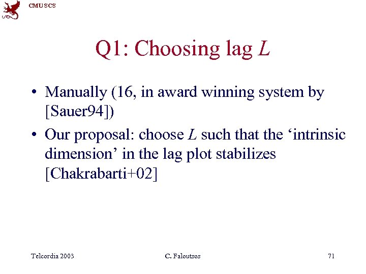 CMU SCS Q 1: Choosing lag L • Manually (16, in award winning system