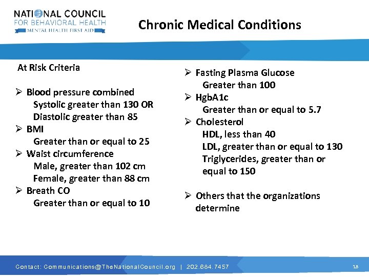Chronic Medical Conditions At Risk Criteria Ø Blood pressure combined Systolic greater than 130