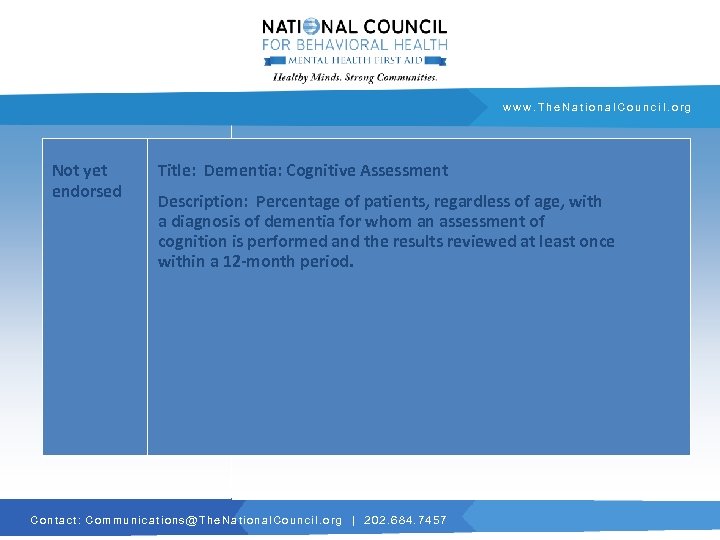 www. The. National. Council. org Not yet endorsed Title: Dementia: Cognitive Assessment Description: Percentage