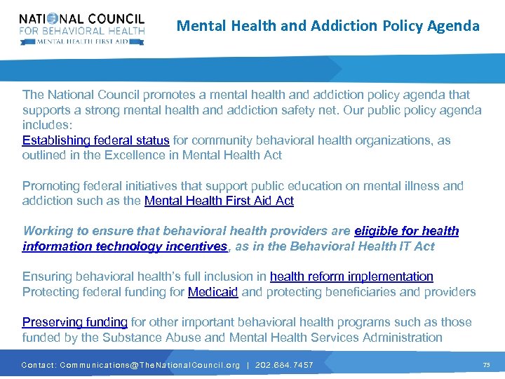 Mental Health and Addiction Policy Agenda The National Council promotes a mental health and