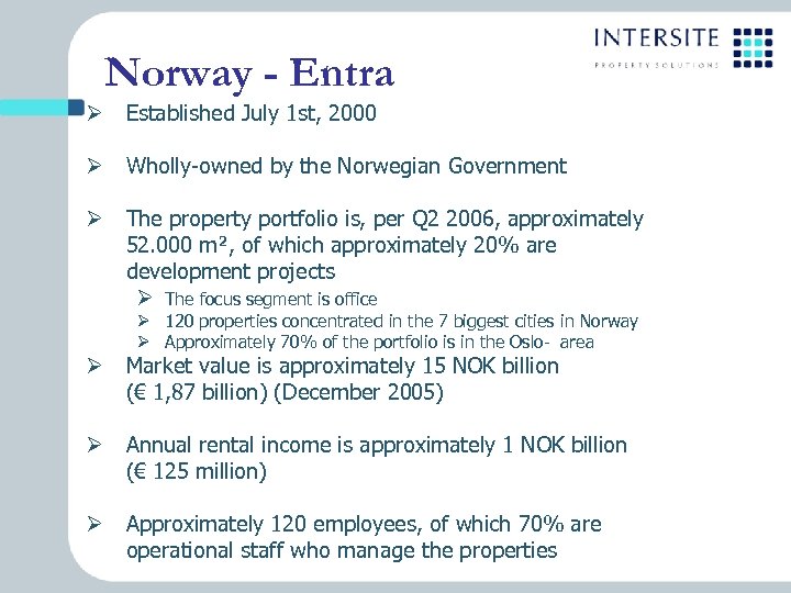 Norway - Entra Ø Established July 1 st, 2000 Ø Wholly-owned by the Norwegian