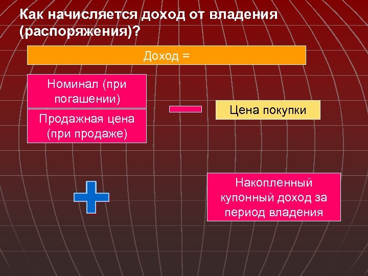 Как начисляется доход от владения (распоряжения)? Доход = Номинал (при погашении) Продажная цена (при