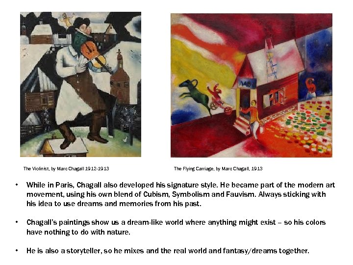 The Violinist, by Marc Chagall 1912 -1913 The Flying Carriage, by Marc Chagall, 1913