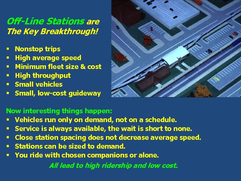 Off-Line Stations are The Key Breakthrough! § § § Nonstop trips High average speed