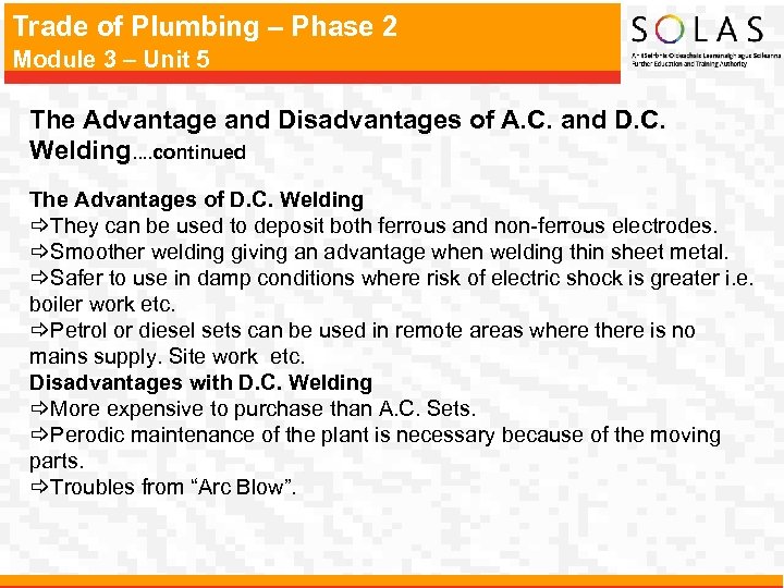 Trade of Plumbing – Phase 2 Module 3 – Unit 5 The Advantage and