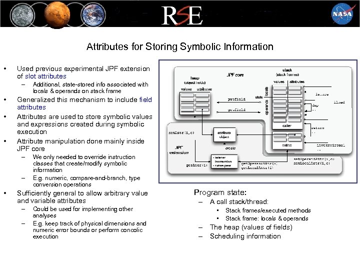 Attributes for Storing Symbolic Information • Used previous experimental JPF extension of slot attributes