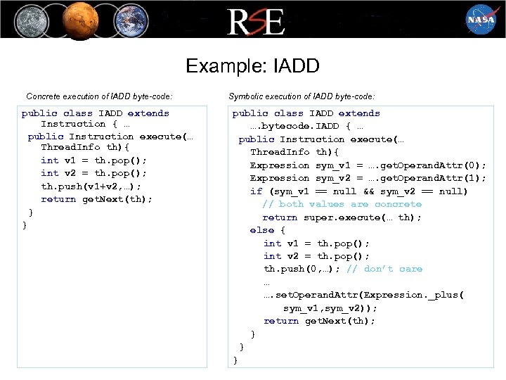 Example: IADD Concrete execution of IADD byte-code: public class IADD extends Instruction { …