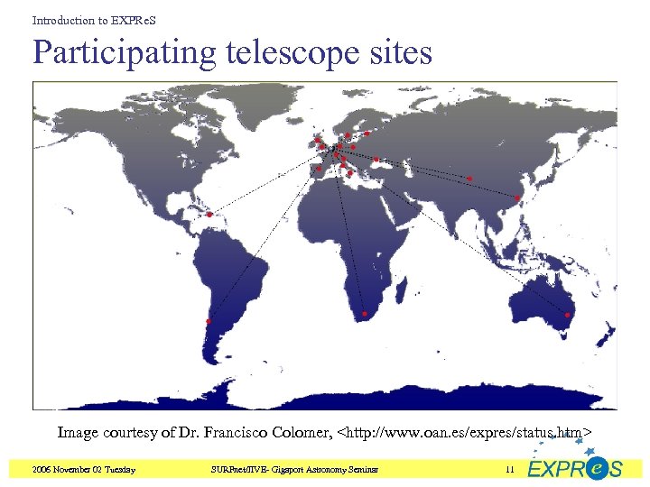 Introduction to EXPRe. S Participating telescope sites Image courtesy of Dr. Francisco Colomer, <http: