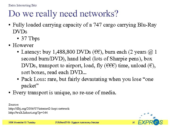 Extra Interesting Bits Do we really need networks? • Fully loaded carrying capacity of