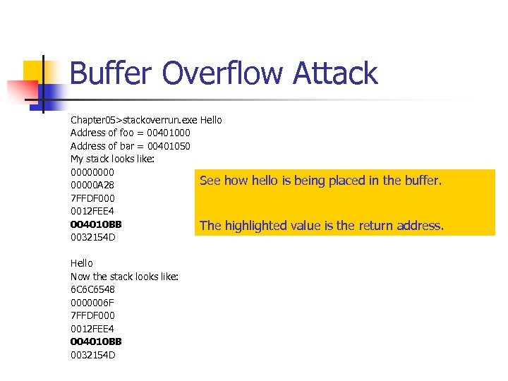 Buffer Overflow Attack Chapter 05>stackoverrun. exe Hello Address of foo = 00401000 Address of