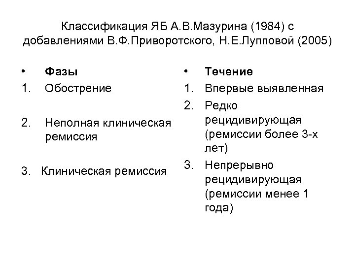 Классификация ЯБ А. В. Мазурина (1984) с добавлениями В. Ф. Приворотского, Н. Е. Лупповой
