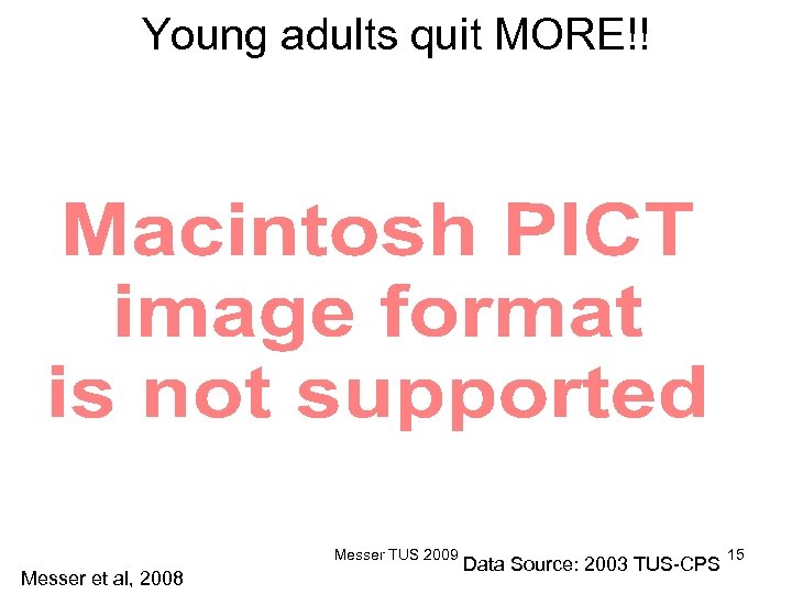 Young adults quit MORE!! Messer TUS 2009 Messer et al, 2008 Data Source: 2003