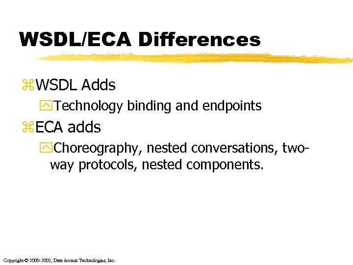 WSDL/ECA Differences z. WSDL Adds y. Technology binding and endpoints z. ECA adds y.