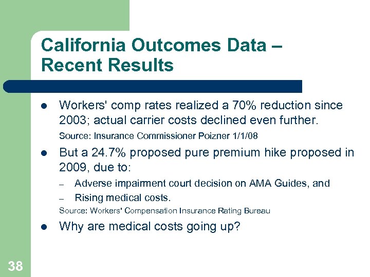 California Outcomes Data – Recent Results l Workers' comp rates realized a 70% reduction