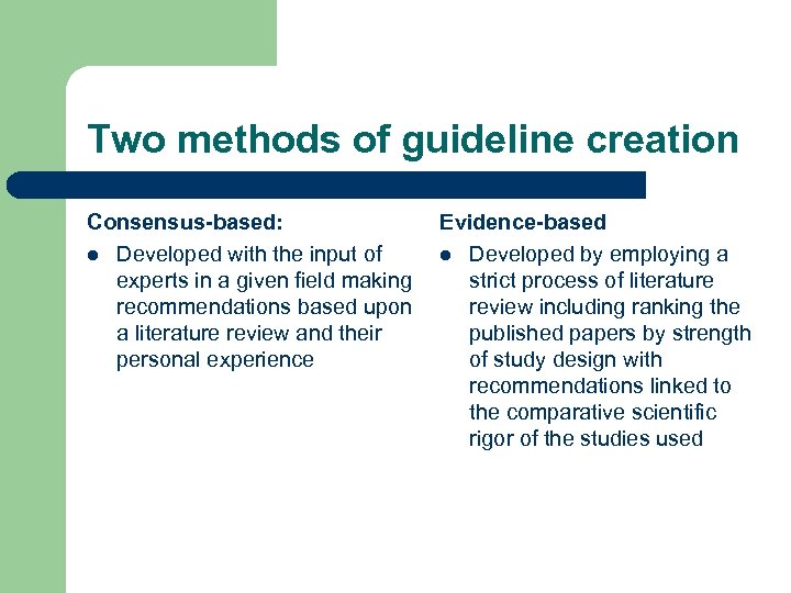 Two methods of guideline creation Consensus-based: Evidence-based l Developed with the input of l