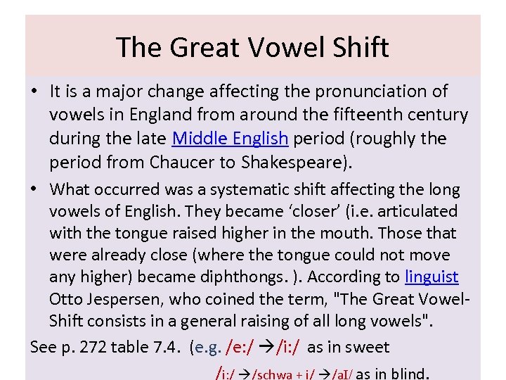 The Great Vowel Shift • It is a major change affecting the pronunciation of