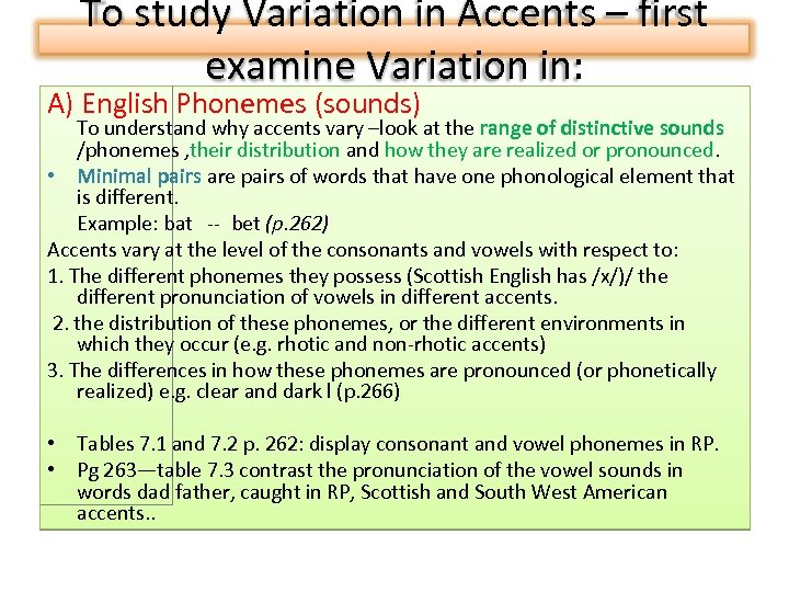 To study Variation in Accents – first examine Variation in: A) English Phonemes (sounds)